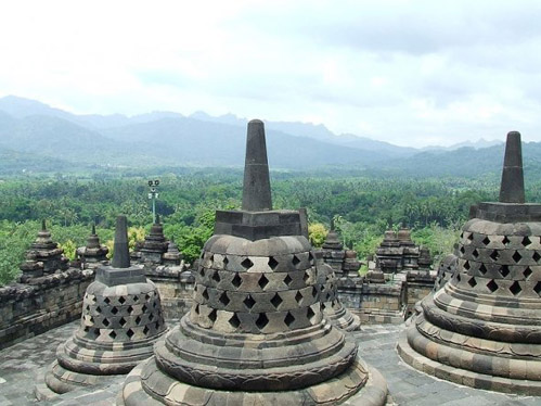 Borobudur stupas overlooking the mountain